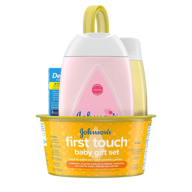Johnson's First Touch Baby Gift Set, Baby Bath, Skin, Hair Essential Products, Kit for New Parents with Wash, Shampoo, Lotion, Diaper Rash Cream, Hypoallergenic Paraben-Free, 5 Items
