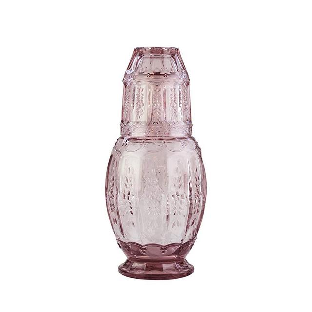 Elle Décor Vintage Bedside Water Carafe With Tumbler – Elegant Pitcher and Matching Drinking Glass Doubles As Lid For Guest Room, Office-Makes A Gift, 4.7x10.4, Pink