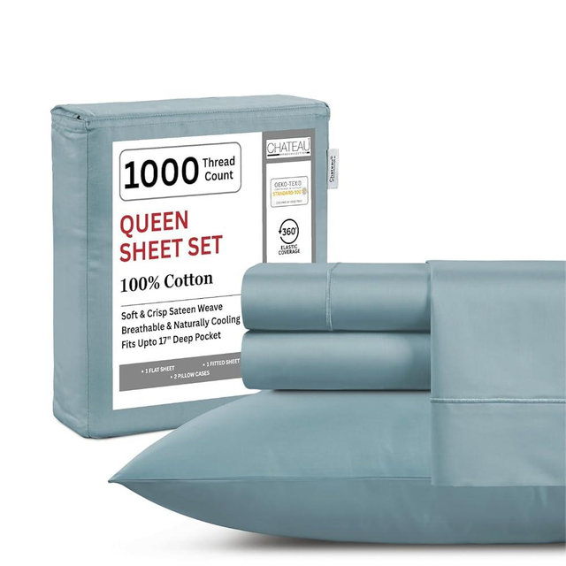 100% Cotton Sheets Queen Size Set- 1000 Thread Count Queen Size Sheets Set, Luxury Hotel Sheets, Soft & Smooth Sateen Weave, Cooling Sheets, 15" deep fitted sheets queen size- French Blue