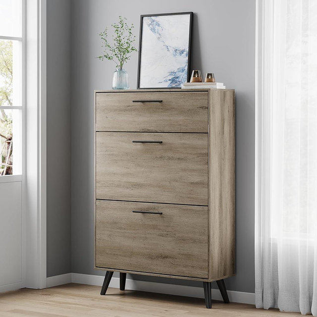 Buytime Shoe Cabinet, Entryway Shoe Storage Cabinet with 2 Flip Drawers and Hidden Cabinet, Freestanding Shoe Organizer Cabinet, Wooden Shoe Storage for Entrance, Hallyway, Gray