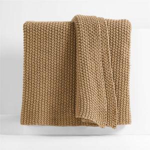 Camel Brown Organic Cotton 80"x80" Chunky Hand-Knit Bed Throw Blanket