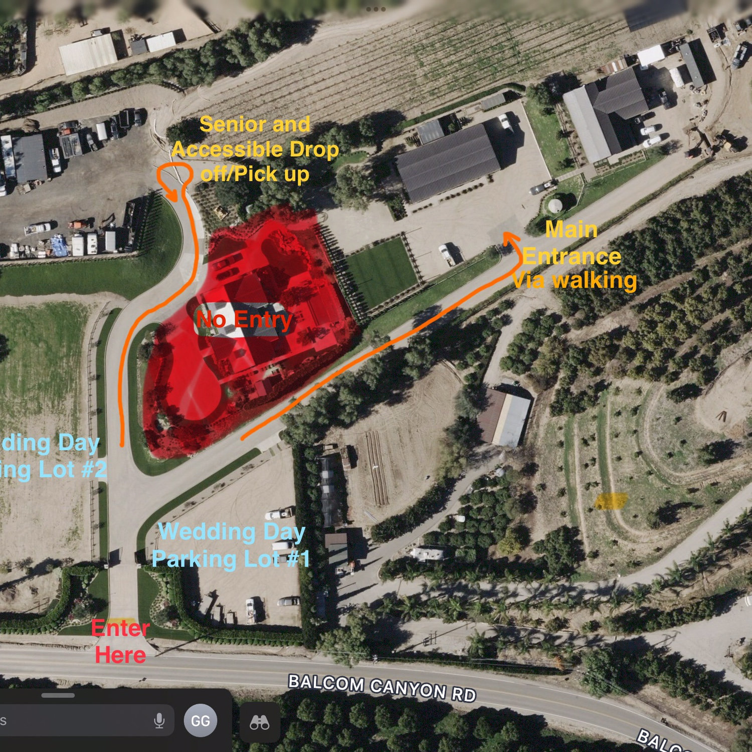 Here is a map of the venue that includes how you will enter, park and make your way to the ceremony and reception area.