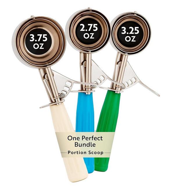 Restaurantware Bundle: 2.75/3.25/3.75 oz Portion Control Ice Cream Scoops, Trigger Release Dishers (Blue, Green, Ivory Handles) for Cookie Dough, Baking, Cupcake Batter