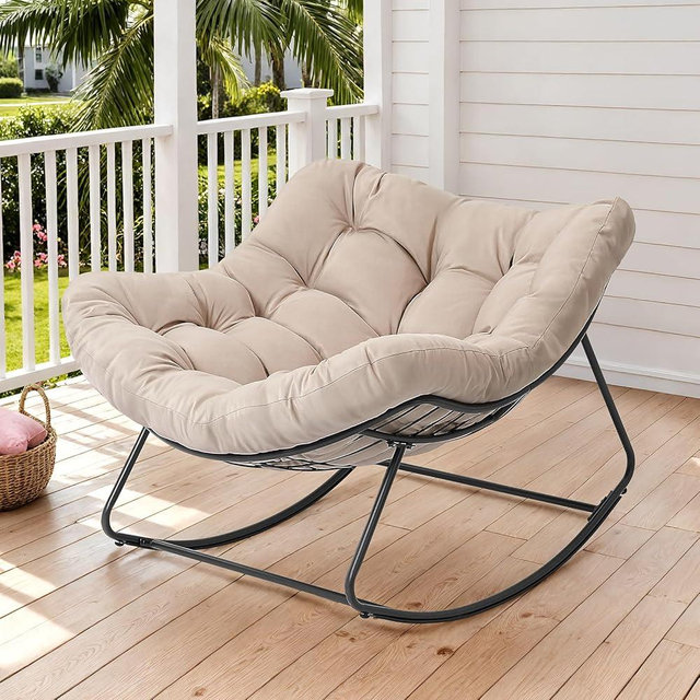 ONBRILL Outdoor Papasan Rocking Chair, 450 lbs Oversized Comfy Patio Chair with Thickened Cushion, Indoor Egg Rocking Lounge Chairs, Rocker Chairs for Patio Porch Garden Living Room Bedroom, Beige