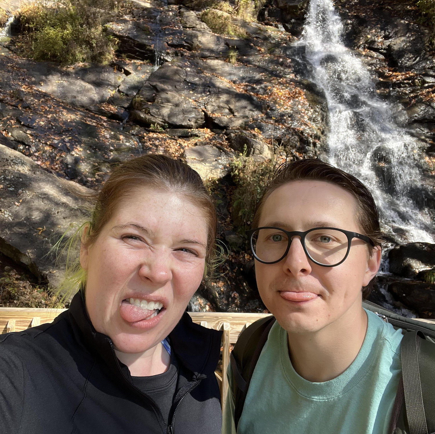 Being silly at the the waterfalls at Amicalola Falls, after walking uphill and over 600 stairs up and back