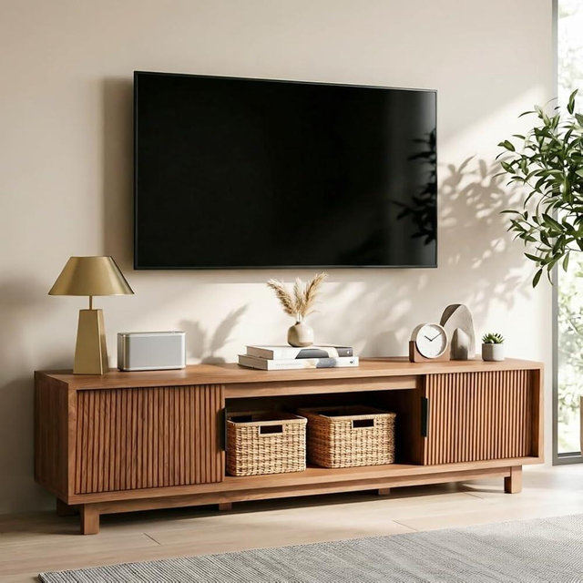 Alpen Fluted TV Stands for Living Room, 58" Mid Century Modern Entertainment Center with Storage, Brown Walnut TV Console for 55/60/65 Inch TV, Wood Television Media Cabinet for Bedroom