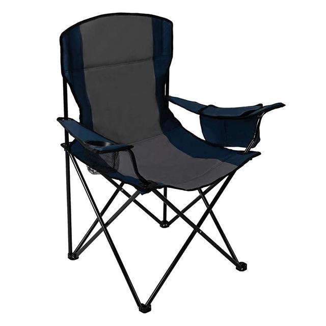 Pacific Pass Full Back Quad Chair for Outdoor and Camping with Cooler and Cup Holder, Carry Bag Included, Supports 300lbs, Middle, Blue/Gray