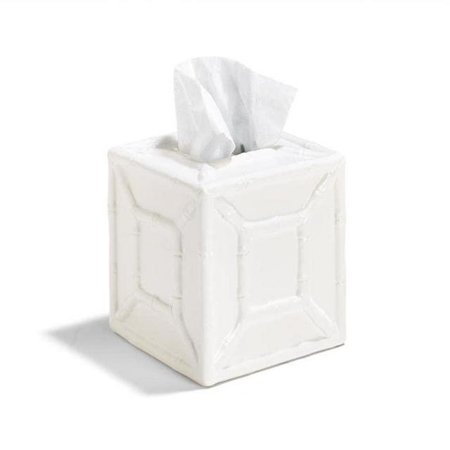 Two's Company Hampton Faux Bamboo Tissue Box Cover – White Ceramic Square Holder for Bathroom, Bedroom, or Office