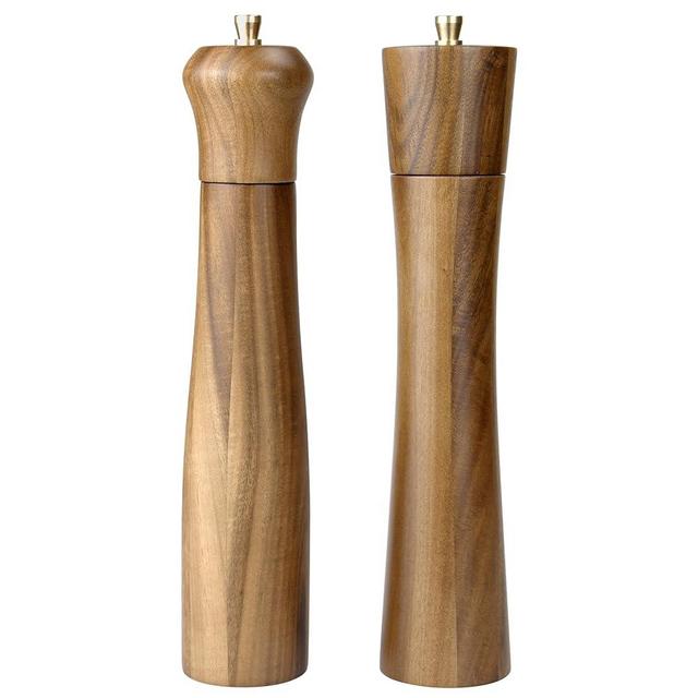 Artmujohn 10 inches Wooden salt and pepper grinder set, Acacia wood handicrafts mills shakers, Refillable spice grinders, Adjustable ceramic rotor grinder,Customize gift mills set (2pcs in box)