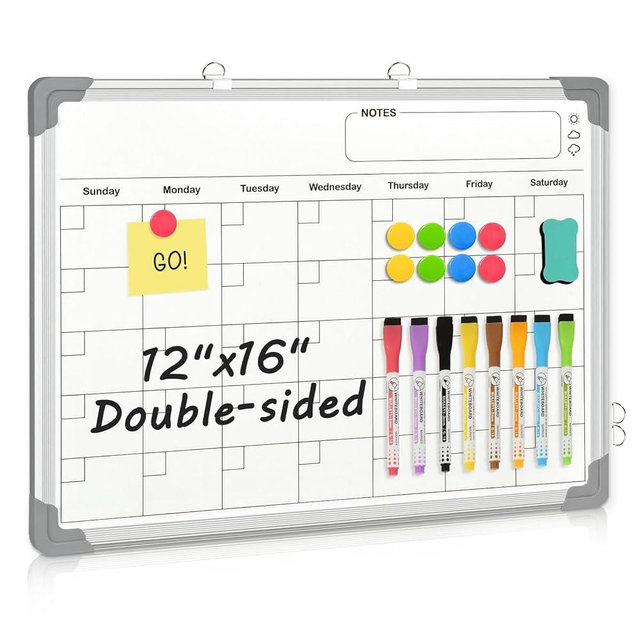 AMUSIGHT Double-Sided White Board Calendar, 16" x 12" Dry Erase Calendar Small Whiteboard Calendar for Wall Magnetic Hanging Calendar Whiteboard for Drawing, Kitchen, Planning, Memo, Home, Office