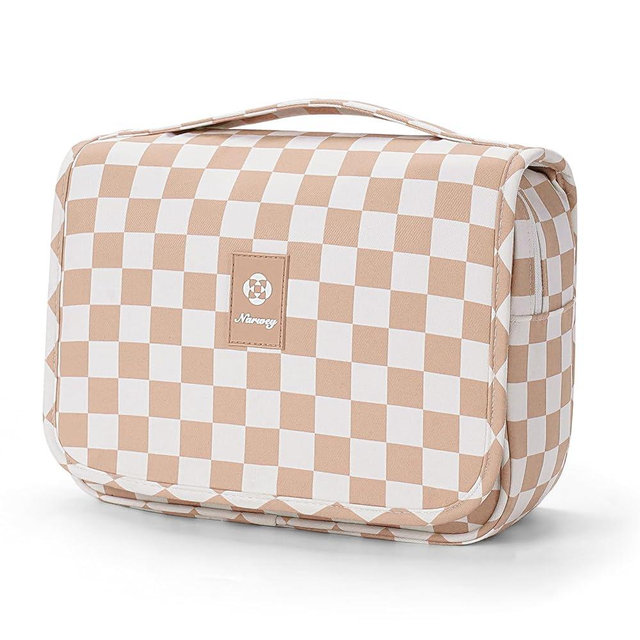 Narwey Small Hanging Travel Toiletry Bag for Traveling Women, Checkered Travel Bag for Toiletries, Makeup Bag Organizer Make Up Cosmetic Bags (Light Checkerboard)