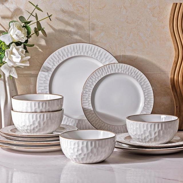 GBHOME Ceramic Dinnerware Sets, Embossed White Stoneware Plates and Bowls Sets, Housewarming Wedding Gift | Dishwasher & Microwave Safe | Dishes Set Service for 4