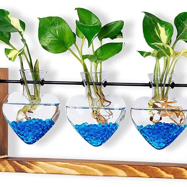 Plant Terrarium with Wooden Stand, Wall Hanging Glass Planter Tabletop Propagation Stations Love vase Metal Swivel Holder Retro Rack with 3 Bud Bottle for Hydroponics Plants Home Office Decor