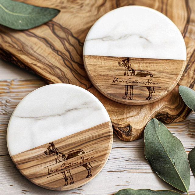 Great Dane Coaster, Marble Acacia Wood, Customizable Pet Portrait