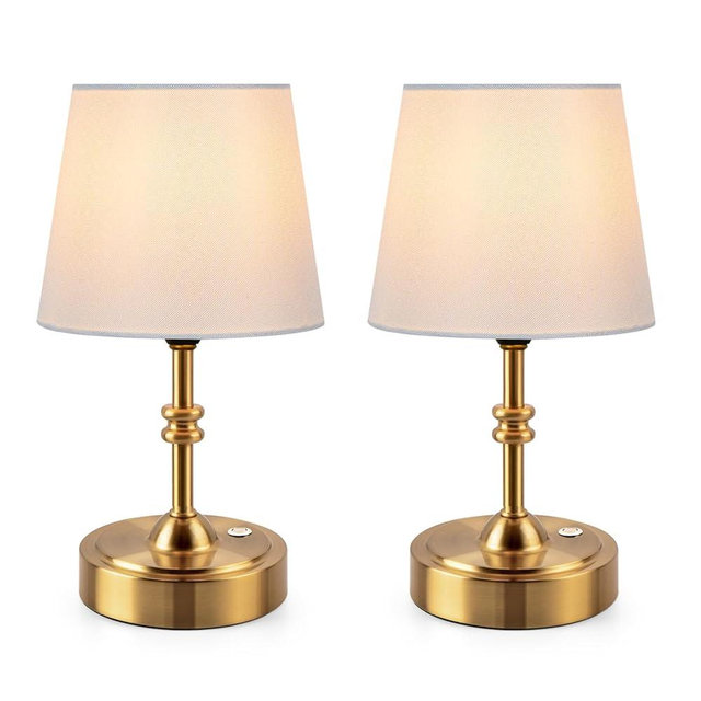 ONEWISH 2 Pack Small Cordless Lamps, Battery Operated Table lamp Dimmable, 4000mAh Rechargeable, Touch Bedside Lamp with White Fabric Shade, 2700K Bulb Included, for Dining, Patio, Bathroom(Gold)