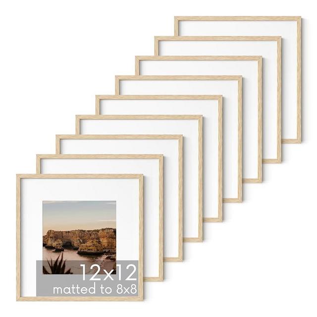 HAUS AND HUES Solid Oak Wood 12”x12” Picture Frames Matted to 8”x8” Set of 9-12x12 Wooden Frames, 12 x 12 Frames Gallery Wall Set, 12x12 Frame with Mat, Square Frames 12x12 (Beige Oak Frames)