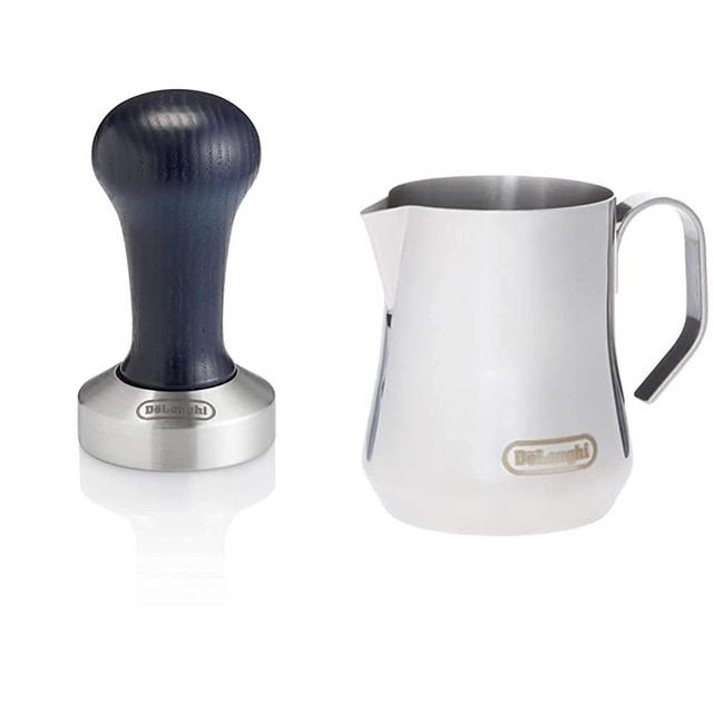 De'Longhi Stainless Steel Milk Frothing Pitcher, 12 ounce (350 ml), Barista Tool, Frother Jug for Espresso Machine Coffee Cappuccino Latte Art, DLSC0, 12 oz & DLSC058 Coffee Tamper