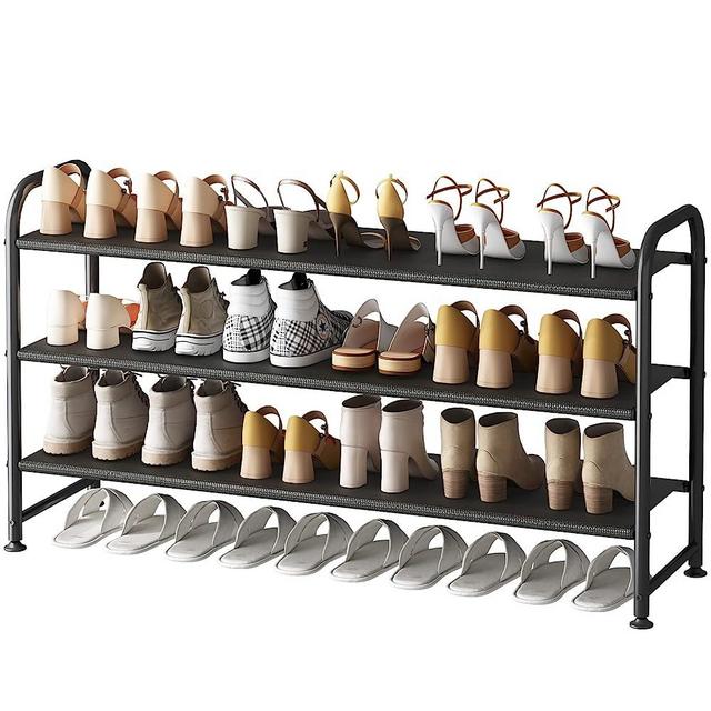 INGIORDAR 3 Tier Long Shoe Rack Stackable Wide Shoe Shelf Organizer and Storage for Floor Entryway Closet Shoe Stackable Wide Shelf Holds 18 Pairs of Sneakers Women Heels Boots, Black