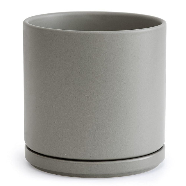 D'vine Dev 10 Inch Ceramic Planter Pot with Drainage Hole and Saucer, Indoor Cylinder Round Planter Pot, Grey, 94-O-L-3