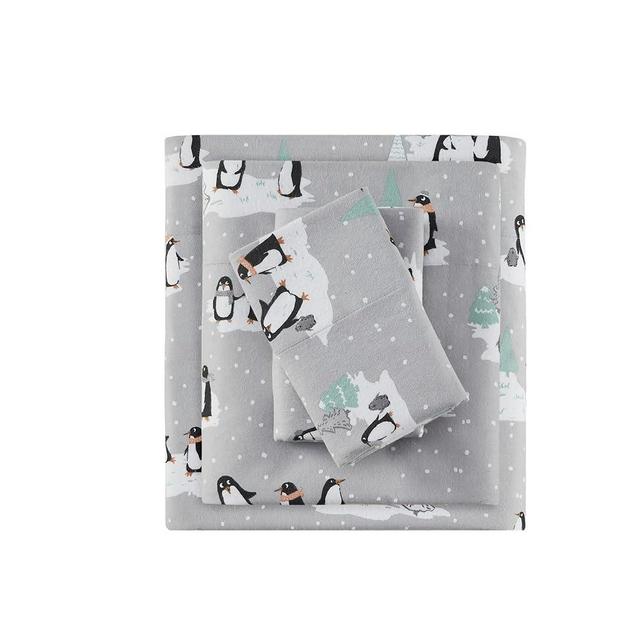 Sleep Philosophy True North Cozy Flannel Warm 100% Cotton Sheet - Novelty Print Animals Stars Cute Ultra Soft Cold Weather Bedding Set, Queen, Grey Penguins