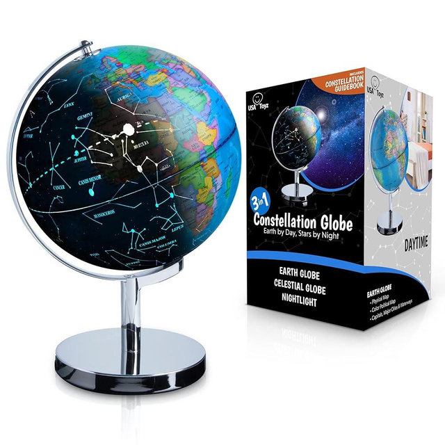 USA Toyz Illuminated World Globe with Stand - 3in1 STEM Globes for Adults and Kids, Constellation Map, Built-In LED Night Light Lamp, Easy to Read Texts, Non-Tip Base, 13.5 Inch Tall, 9 Inch Diameter