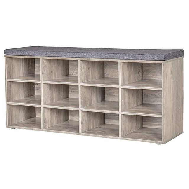 DINZI LVJ Shoe Storage Bench with Cushion, Cubby Shoe Rack with 12 Cubbies, Adjustable Shelves, Multifunctional Shoe Organizer Bench for Entryway, Mudroom, Hallway, Closet and Garage, Greige