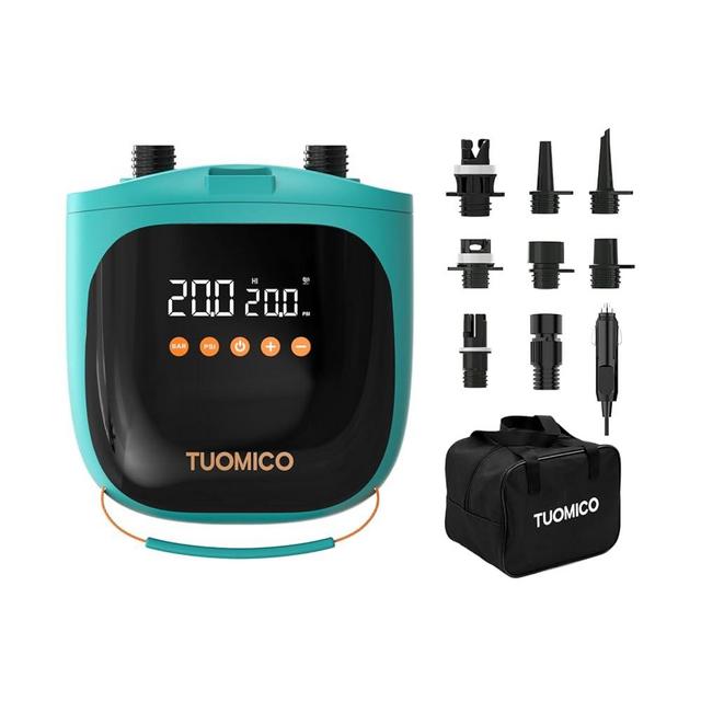 Tuomico 20PSI Paddle Board Pump Sup Air Pump Electric Portable Inflator & Deflator, Auto-off, Mini Compressor for Inflatable Stand-up Paddleboard Kayak Wing Kite with 12V DC Car Plug-in Adapter