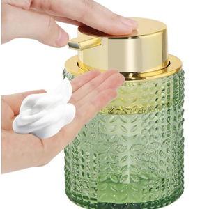Foaming Soap Dispenser, 10 Oz Glass Foam Hand Soap Dispenser with Gold Pump, Refillable Bathroom Lotion Container Pump Bottle with Vintage Pattern, Green