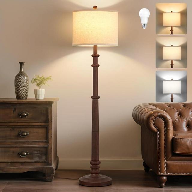 Floor Lamps for Living Room - 60" New Upgrade Resin Farmhouse Floor Lamp with 3 Color Temperatures - Vintage Standing Lamp Reading Light with Linen Shade Tall Lamp for Bedroom Office, Reddish Brown