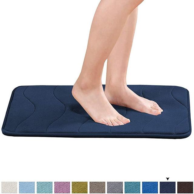 Flamingo P 17" x 24" Soft Bath Mat Extra Absorbent Memory Foam Rug Toilet Floor Rug Machine-Washable, Perfect Bath/Tub Non-Slip Rubber Bathroom Rug Mats Water Absorbent Navy Waved Pattern