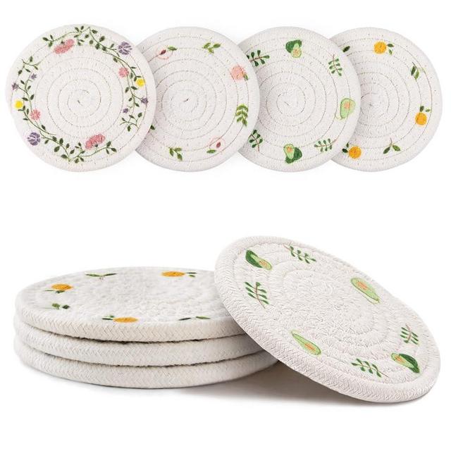 GeeRic 4 Pcs Bar Coasters for Drinks, Handmade Braided Woven Drink Coaster Set, Beermat Beverage Coaster 4.3” Non Slip Coasters, Fruit Printing
