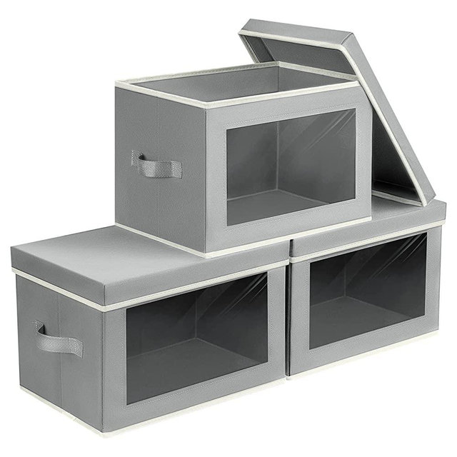 homsorout Storage Bins, Storage Baskets for Shelves with Window, Fabric Storage Bins with Lid Handle, Foldable Storage Cubes Boxes for Organizing for Clothes, Toys, Books, 3 Packs, Light Grey