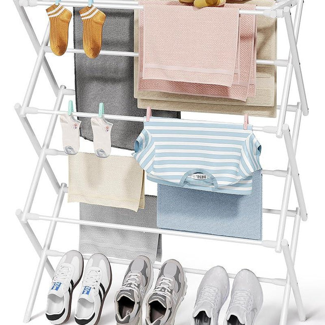 Sakugi Foldable Clothes Drying Rack – Metal Laundry Drying Rack with Non-Slip Feet, 3-Tier Space-Saving Clothing Rack for Organization, Indoor & Outdoor Use, 11.4" D x 29.1" W x 37.4" H, White