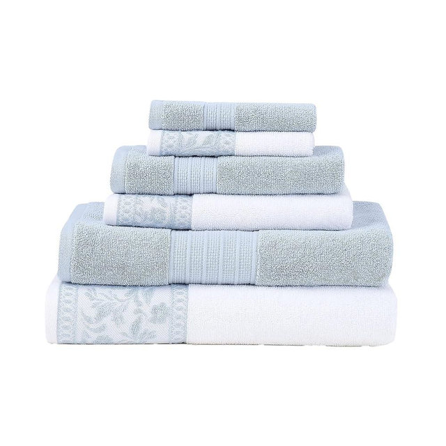 Modern Threads Allie 6-Piece 100% Cotton Towel Set – Jacquard Floral Border – Includes 2 Bath Towels, 2 Hand Towels, 2 Washcloths – Absorbent, Quick Dry, Soft & Durable – Light Blue