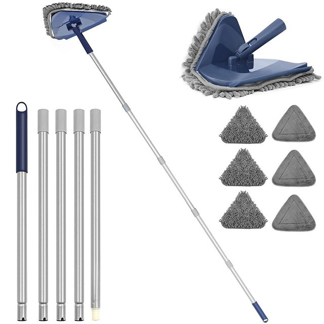 Wall Cleaner Mop with 82" Extendable Handle, 360° Rotating Head & 90° Flip, Microfiber/Chenille Pads, Built-in Squeegee for Ceiling, Wall, Baseboard and Window Cleaning