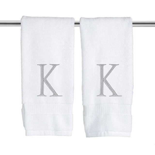 Monogrammed Hand Towels for Bathroom - Luxury Hotel Quality Personalized Initial Decorative Embroidered Bath Towel for Powder Room, Spa - GOTS Organic Certified - Set of 2 Letter K