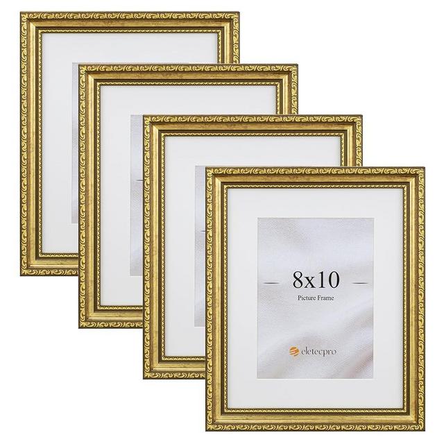 eletecpro 8x10 Picture Frames Set of 4, Vintage Photo Frames with Glass, Gold Frames 8x10 Display 5x7 Photo with Mat or 8x10 without Mat for Tabletop or Wall Decor, Gold
