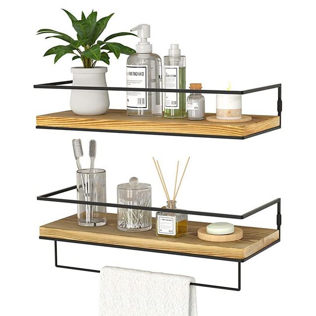ZGO Floating Shelves for Wall Set of 2, Wall Mounted Storage Shelves with Metal Frame and Towel Rack for Bathroom, Kitchen, Bedroom