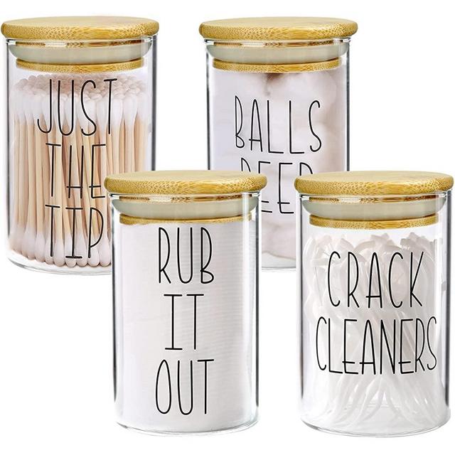 MOMEEMO Apothecary Jars with Lids for Bathroom Organization, Qtip Holder, Cotton Ball Holder, Cotton Round Holder, and Floss Pick Storage are Great for Bathroom Decor. (Set of 4, Pads & Floss)