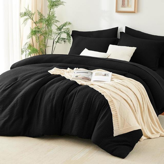 CozyLux King Size Comforter Set Black - 7 Pieces Striped Seersucker Bed in a Bag, Soft Lightweight Boho Bedding Set with All Season Comforters King Size, Sheets, Pillowcases & Shams