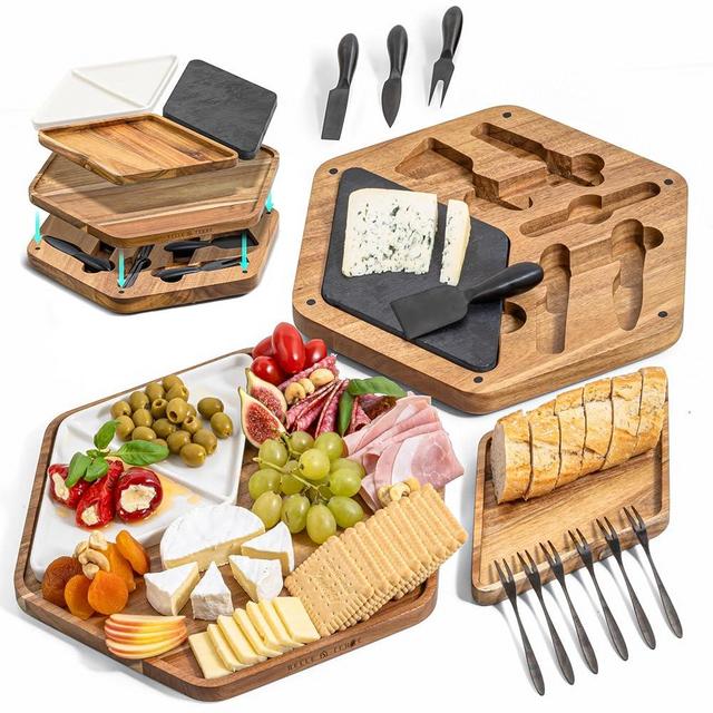 BELLE TERRE Cheese Board Set - Wood Charcuterie Boards for Serving Cheese, Crackers, Meat, Olives - Serving Board for Gift, Entertaining, & Parties - Wooden Cheese Platter w/Tray, Knives, & Forks