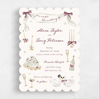 Beige Scalloped Wedding Invitation - Moire Portrait