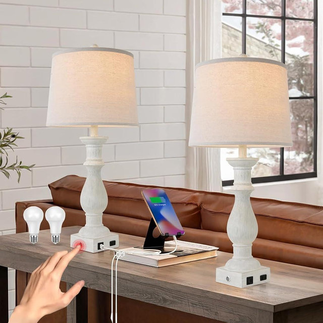 Table Lamps Set of 2 Vintage Night Stand Light Touch Dimmable Desk Lamp Farmhouse Resin Lamp (White)