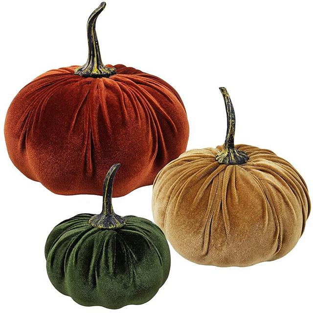 3 Pcs Assorted Fall Harvest Decorative Pumpkins Velvet Foam Pumpkins Fabric Pumpkins in Rust Orange Bronze for Fall Farmhouse Wedding Centerpiece Halloween Thanksgiving Centerpiece Mantel Table Decor