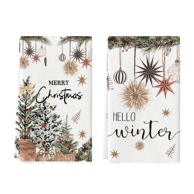 Artoid Mode Xmas Tree Merry Christmas Kitchen Towels Dish Towels, 18x26 Inch Holiday Ornament Ball Hello Winter Decoration Hand Towels Set of 2