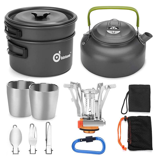 Odoland 12pcs Camping Cookware Mess Kit with Mini Stove, Lightweight Pot Pan Kettle with 2 Cups, Fork Knife Spoon Kit for Backpacking, Outdoor Camping Hiking and Picnic
