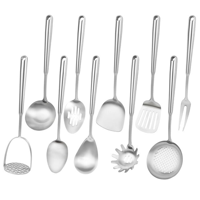 304 Stainless Steel Cooking Utensils Set, 10pcs Long Metal Kitchen Utensils Set Come with Spoon, Potato Press, Spatula, Ladle, Skimmer, Turner, Pasta Server