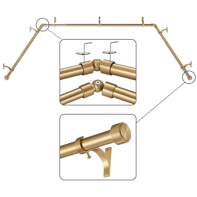 Mayrhyme Warm Gold Bay Window Curtain Rods with Aluminum End Cap Finials and Brackets,Adjustable 36-72 Inch Center Rod for windows (24-68’’), 20-36 Inch Side Rods for windows (16-32’’),1 Inch Diameter