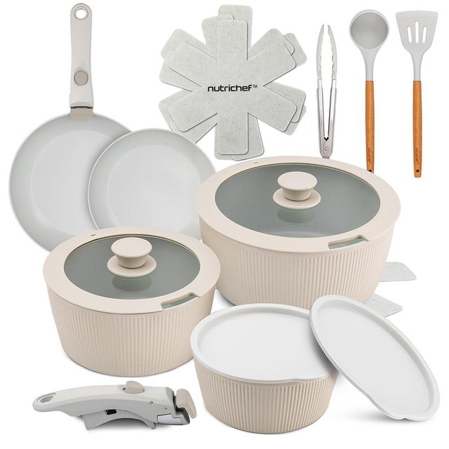 NutriChef 18-Piece Ceramic Cookware Set with Detachable Handles, Non Stick Pots and Pans, PTFE-Free Natural Ceramic Coating, Space-Saving Design, Oven & Stove Safe, Includes Utensils, Cream