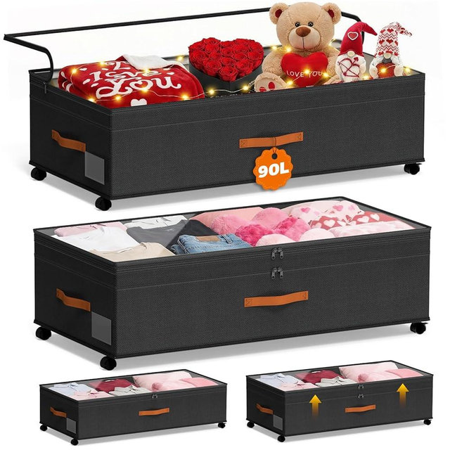 powerful xishan Under Bed Storage with Wheels, 35.5 inches Underbed Storage Large Capacity Under Bed Rolling Containers, 2 Pack Under the Bed Storage for Clothes, Shoes, Blankets (Deep Black)
